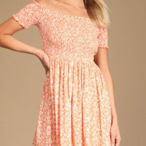 LULUS NWT Off the shoulder orange floral mini dress sz M